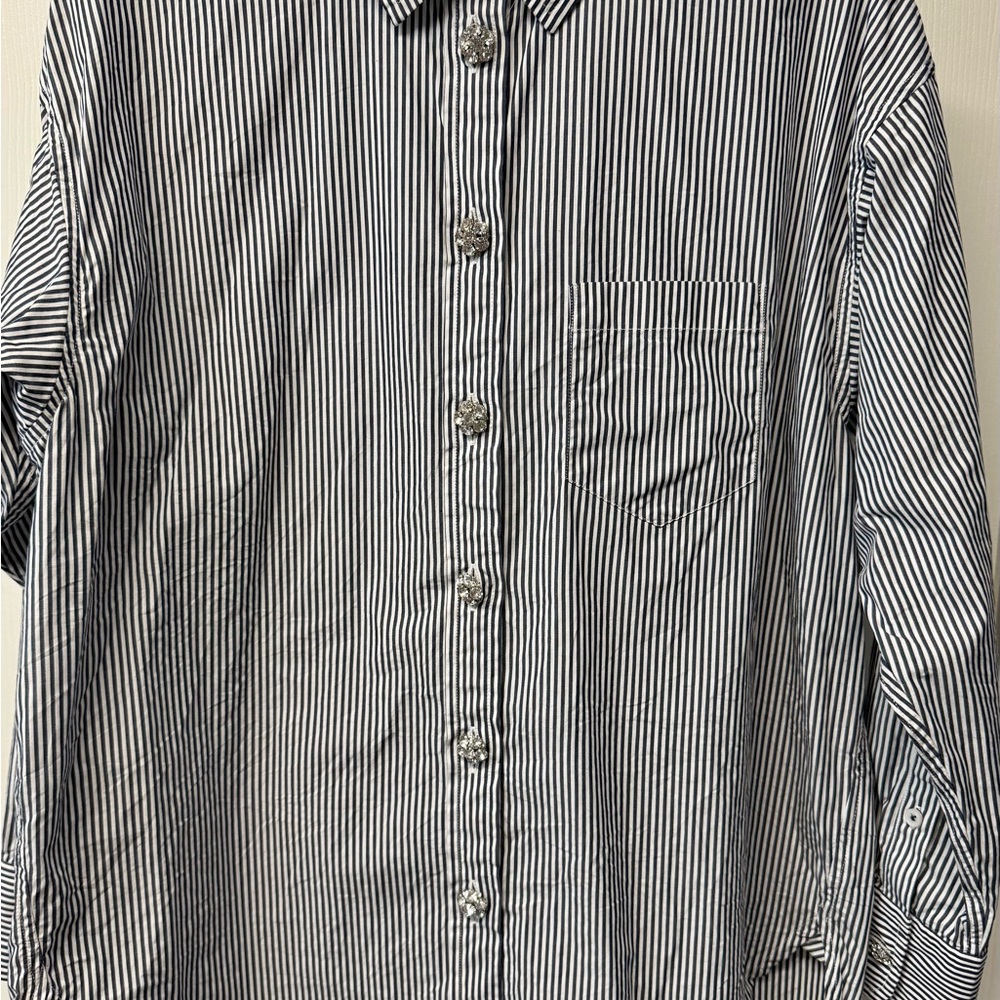 Striped Blue and White  womens Button-Up Shirt with crystal buttons